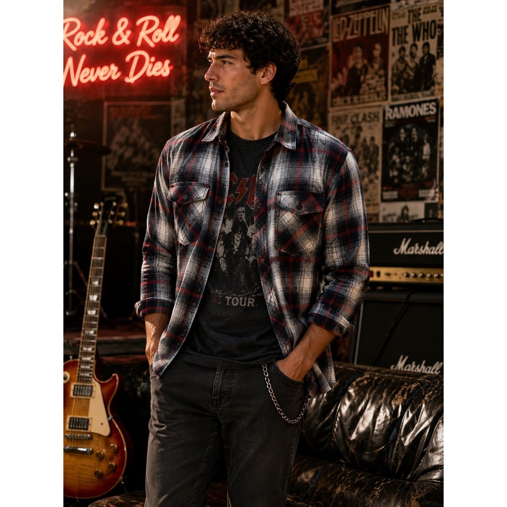 Rock & Republic Plaid Button Down Shirt Red Black White Stretch Mens Large
